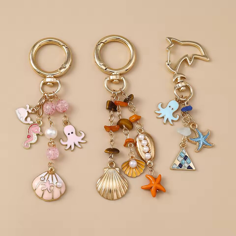 Aihua Cute Keychain Colorful Beach Octopus Starfish Shell Conch Key Ring Chains Sea Souvenir Gifts For Women Girls DIY Jewelry