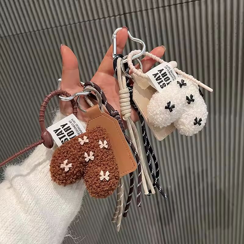 New Cartoon Plush Bow Love Keychains For Women Y2k Bag Pendant Couple Car Key Chains Jewelry Gift Decoration Accessories
